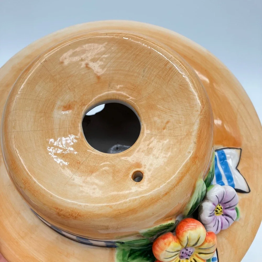 Giftco Ceramic Wall Pocket Planter Vintage 9in Tan Straw Hat Floral Ribbon